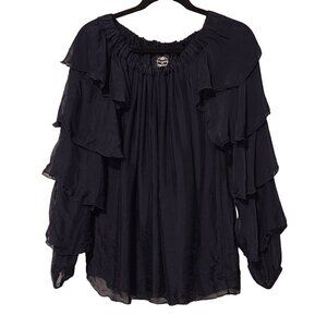Le Marais Paris silk blouse women size S navy blue sheer ruffles long sleeve